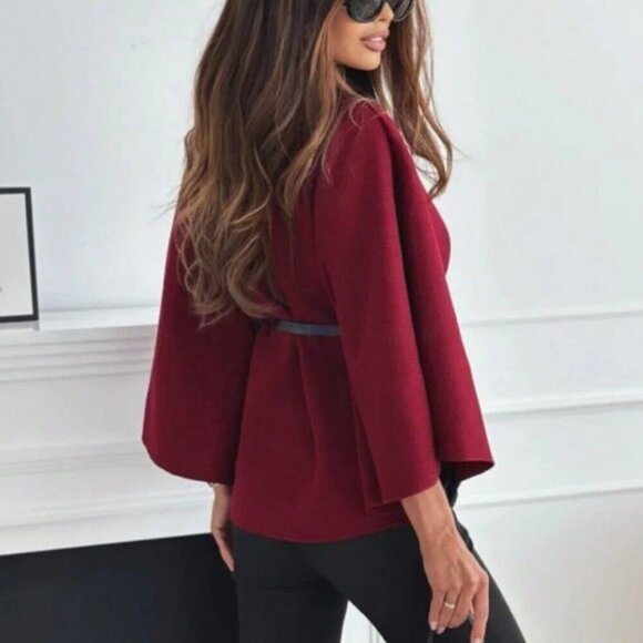 Burgundy Casual Women's Elegant Stand Collar belted Poncho Coat - Picture 2 of 5